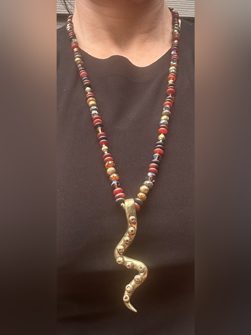 NWOT Artisan Brass Snake Pendant Necklace with Multicolored Accents